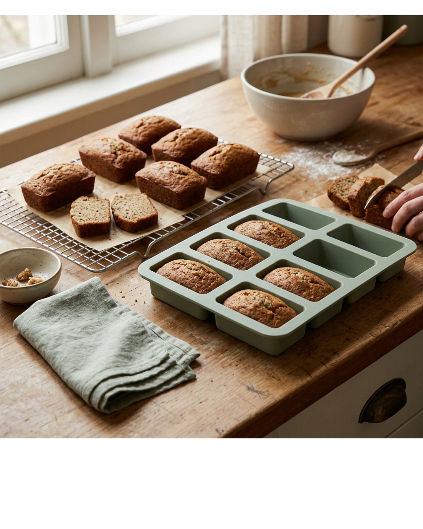 Plumse Silicone Mini Loaf Baking Mold Sage 8 Cavity